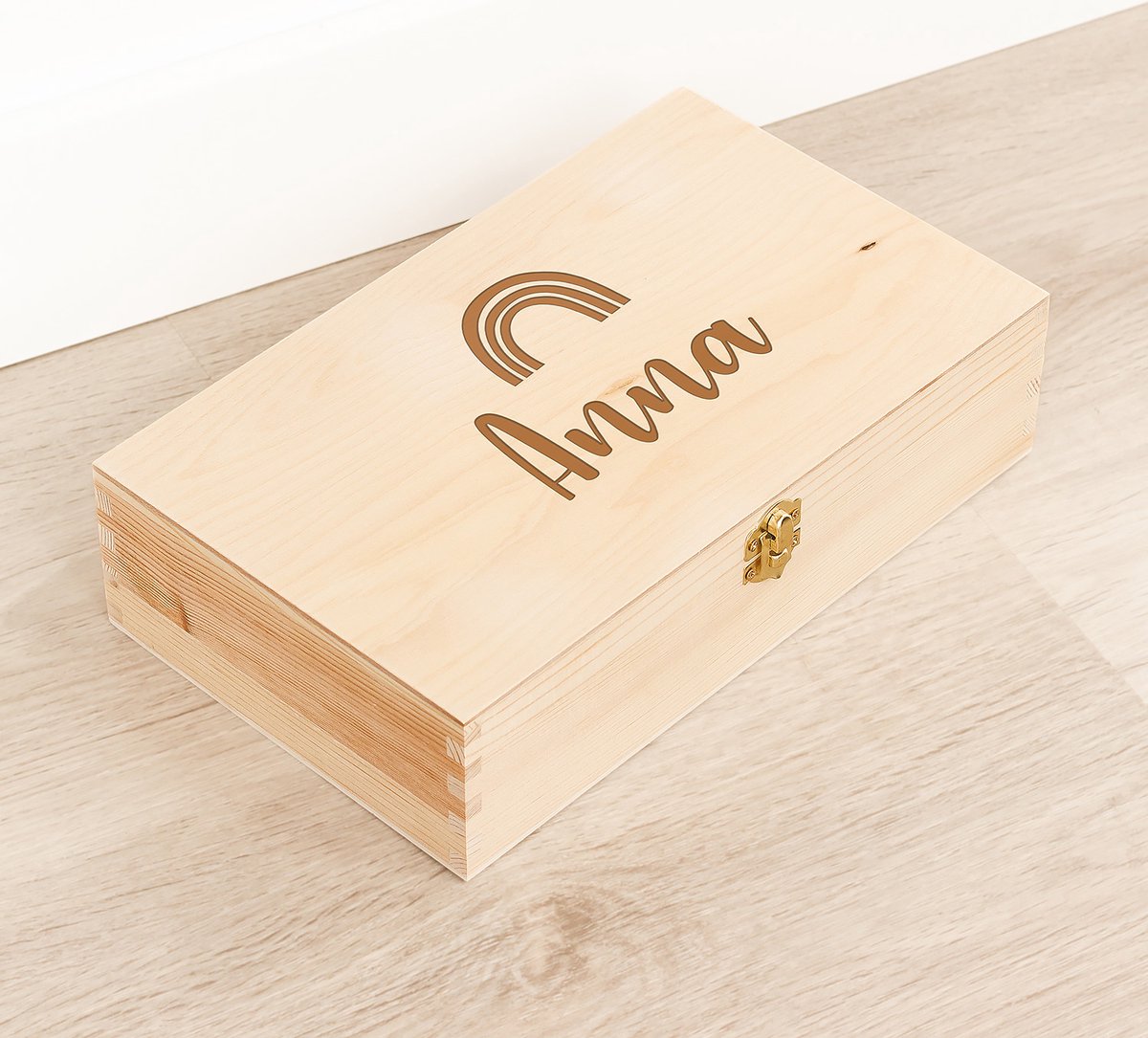 Houten kistje 'Anna' Regenboog - Tekenkist - Herinneringsdoos - Kraamcadeau - Knutseldoos - Memorybox - Baby - Geboorte