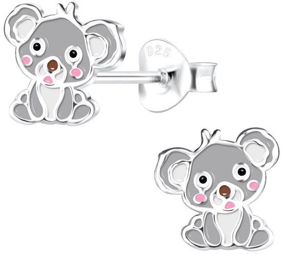 Joy|S - Zilveren koala oorbellen - 8 mm - grijs met roze wangetjes - kinderoorbellen
