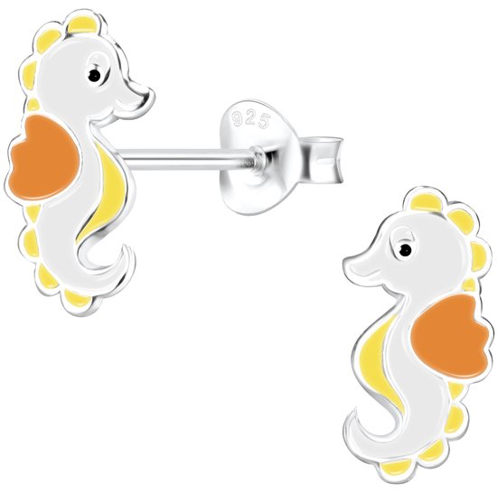 Joy|S - Zilveren zeepaardje oorbellen - 7 x 12 mm - geel wit