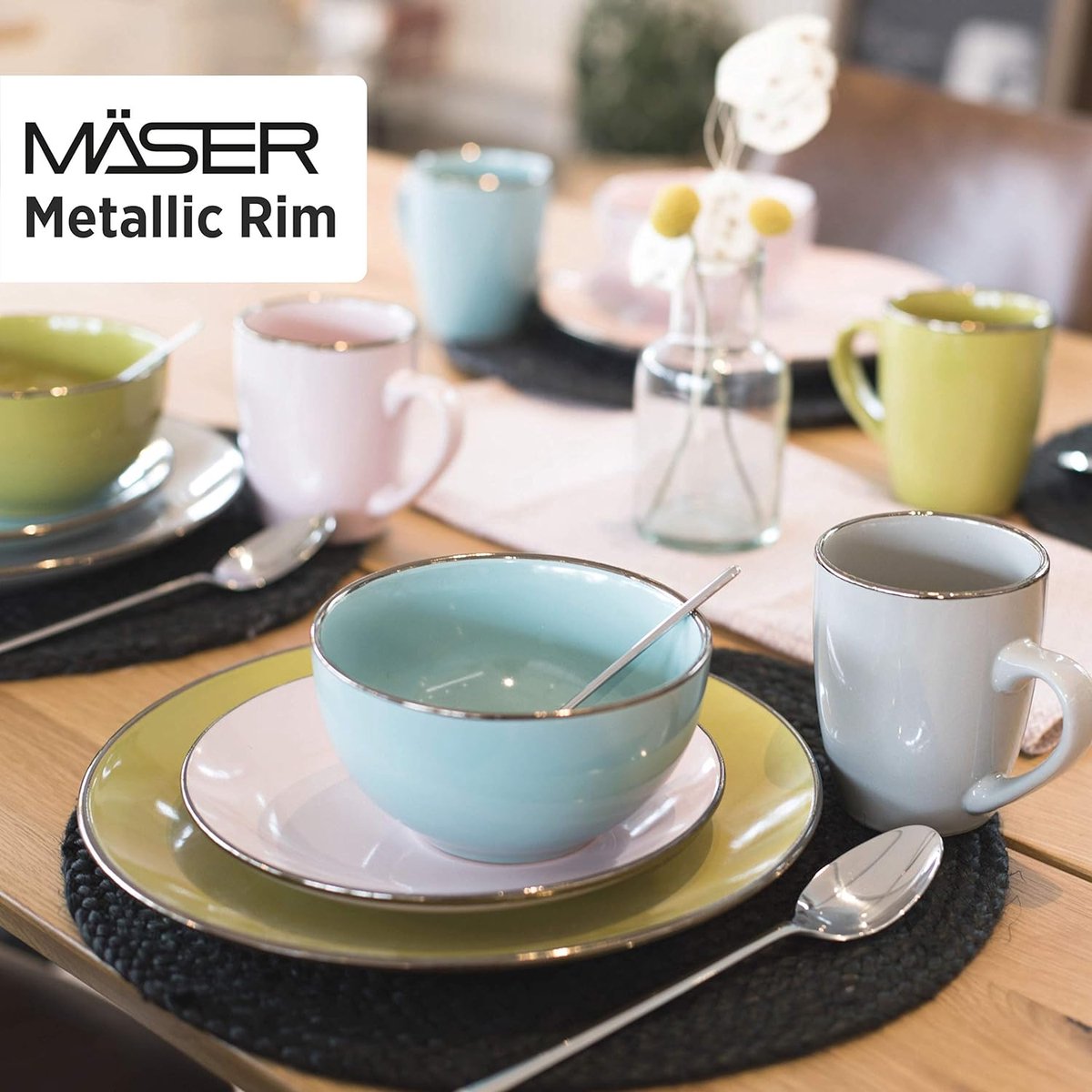 Metallic Rim moderne serviesset voor 4 personen met messing rand 16-delig combiservies met randloze coupe-vormen kleurrijk steengoed