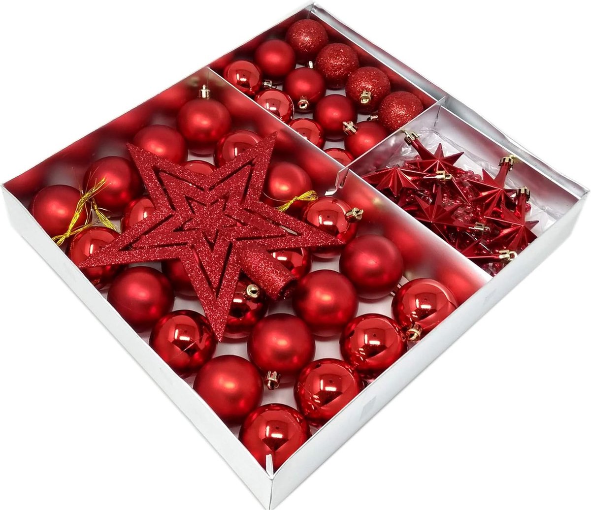 kerstballen, sterren, parelslinger, 45 stuks rood