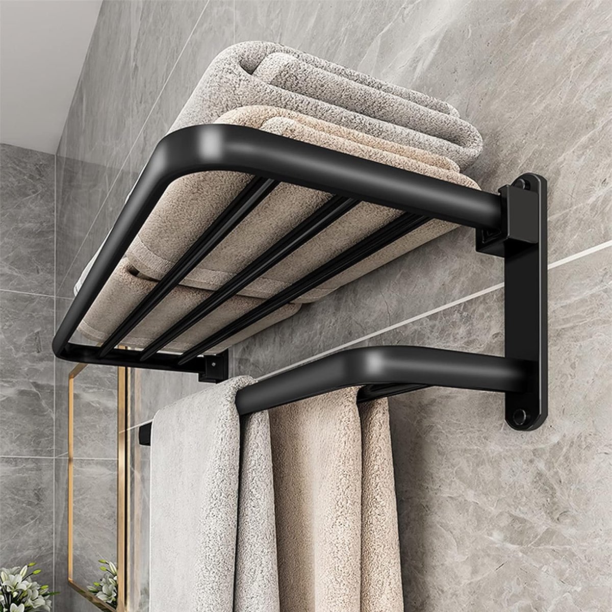 Handdoekrek, wandgemonteerd handdoekrek zonder boren voor de badkamer met 2 handdoekrekken, aluminium badhanddoekhouder, matzwart, 58 cm.