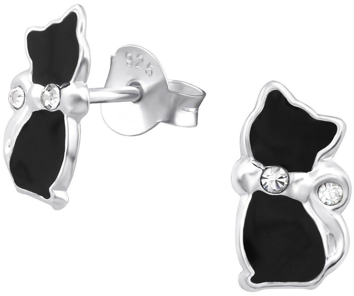 Joy|S - Zilveren kat poes oorbellen - 6 mm x 10 mm - zwart met kristal