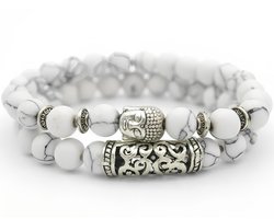 Kralen Armband met Buddha Beeld - Wit Marmer - Natuursteen - Boeddha Sieraden - Armbanden Heren Dames - Kralenarmband - Vaderdag Cadeau Geschenk - Mannen Cadeautjes Accesoires