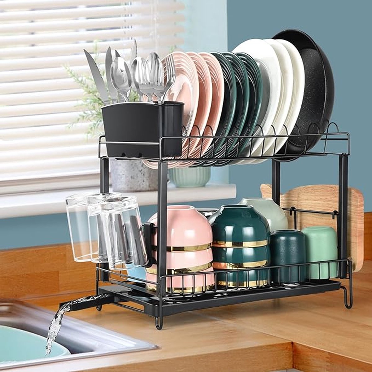 Goedkoopste Afdruiprek Vaatwerk, 2 niveaus Afdruiprek met draaibare uitloop Afdruiprek met bestekhouder Snijplankhouder voor keuken