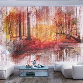 Fotobehangkoning - Behang - Vliesbehang - Fotobehang Herfstbos op Houten Planken - Autumnal Forest - 200 x 140 cm