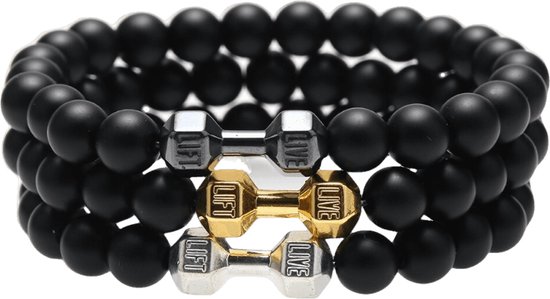 Kralen Armband met Gym Dumbbell - Mat Zwart - Fitness - Armbanden Heren Dames - Kralenarmband - Cadeau voor Man - Mannen Cadeautjes