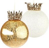 BRUBAKER Kerstbalset Koning - 2 Premium Van Glas - Goud En Glitter Met Kronen - 12 cm Kerstboomversiering Koning - Handgedecoreerd - Kerstdecoratie Hanger Boomdecoratie