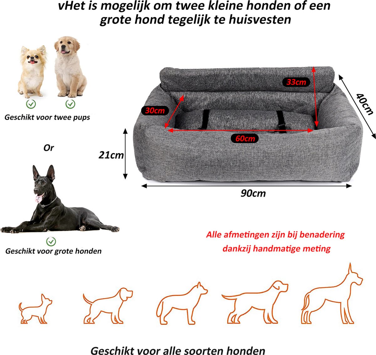 CALIYO Hondenmand Auto - 90 x 40 x 21 cm - Groot honden - en kattenbed | Dierenmand Autostoel Hond Hondenkussen - Hond Autogordel - Geschikt voor alle honden en katten – foto 3