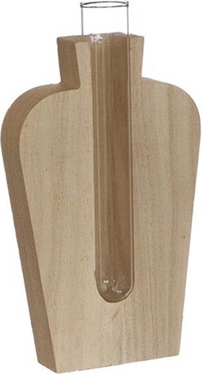 Ideas4Seasons Stekvaasje/bloemenvaasje reageerbuis model - 8 x 3 x 14 cm - op voet van hout