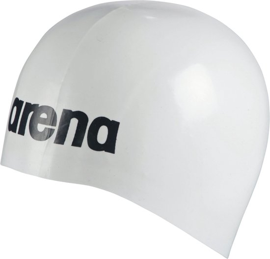 Witte Arena badmuts met zwarte letters.