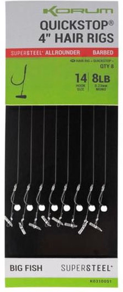 Korum Supersteel Allrounder Big Fish Quickstop Hair Rigs 4 Barbed (8 pcs) - Maat : Haak 8 - 0.30mm van Korum — afbeelding 2