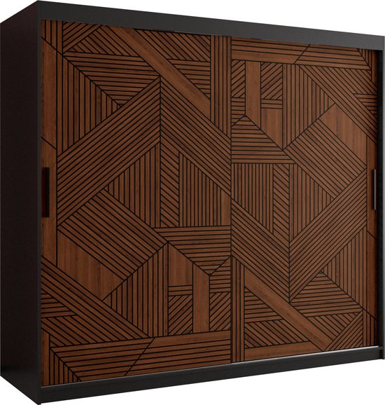Zweefdeurkast Kledingkast met 2 schuifdeuren Garderobekast slaapkamerkast Kledingstang met planken (LxHxP): 200x200x62 cm - MAKARIA I (Zwart houtpatroon + geometrische lijnen, 200)