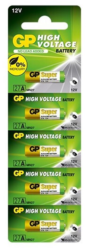 Verpakking met 5 GP Super 27A MN27 12V alkaline batterijen, zonder lood.