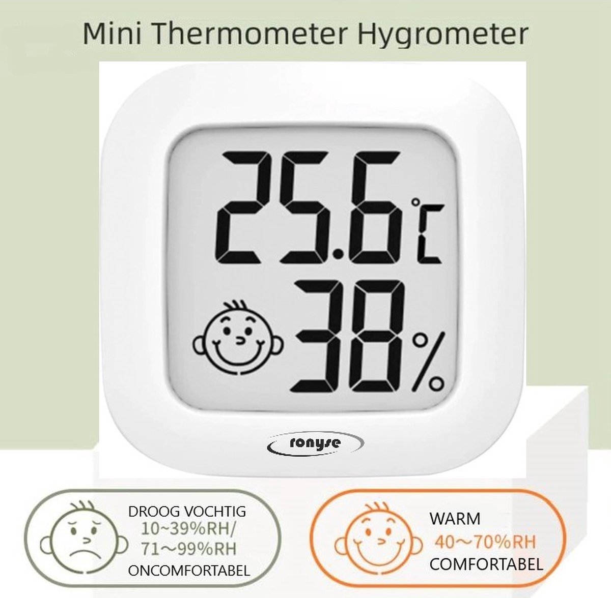 Elektronische hygrometer - Weerstation - Luchtvochtigheidsmeter - Digitale Thermometer Voor Binnen - Incl. Batterij en Plakstrip - Wit