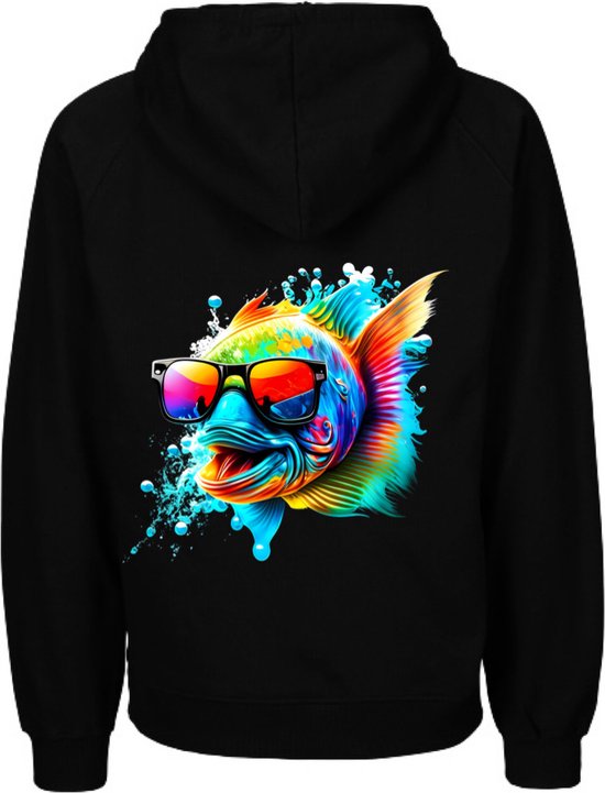 Hoodie jongen meisje-Hoodie met vrolijke print-Zwart-Vis-Maat 110/116