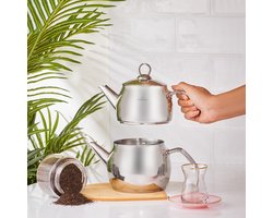 Karaca Belinay RVS Theepot Set - Metalen Turkse theepot set-Geschikt voor alle warmte bronnen-Stalen theepot