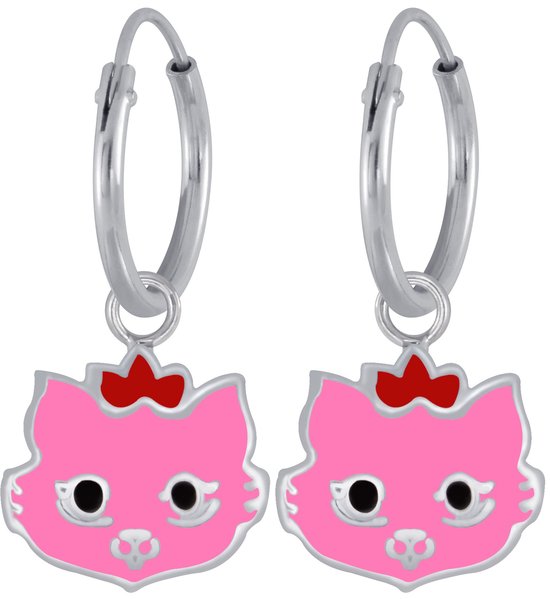 Joy|S - Zilveren kat poes bedel oorbellen - roze - oorringen voor kinderen