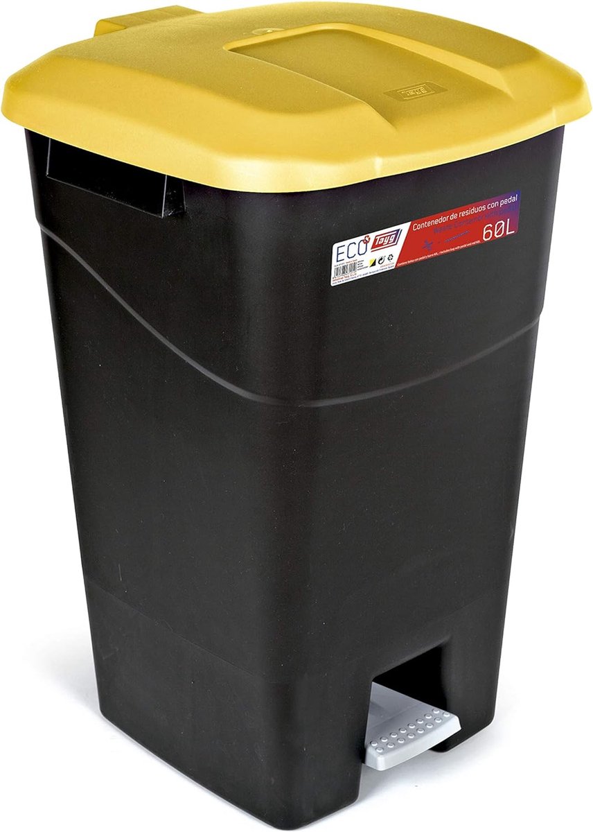 Goedkoopste Afvalbak van 60 liter met pedaal, zwarte bodem en geel deksel, kunststof