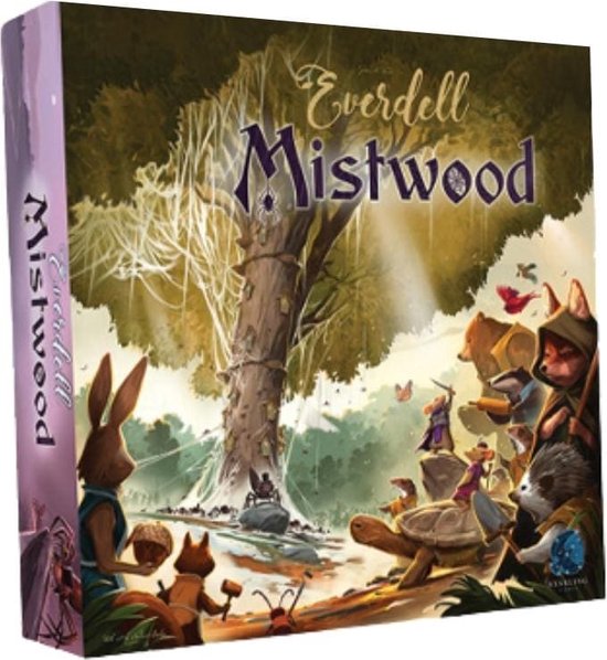 Doos van het bordspel 'Everdell Mistwood' met een illustratie van dieren onder een grote boom. De zijkant toont 'Everdell Mistwood'.