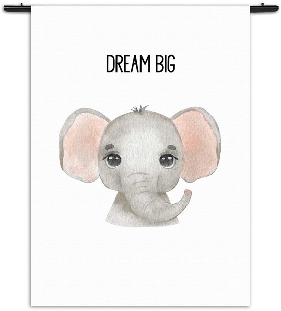Mezo Wandkleed Dream Big Olifantje Rechthoek Verticaal - Kinderkamer - Baby cadeau - Babykamer S (85 X 60 CM) - Wandkleden - Met roedes