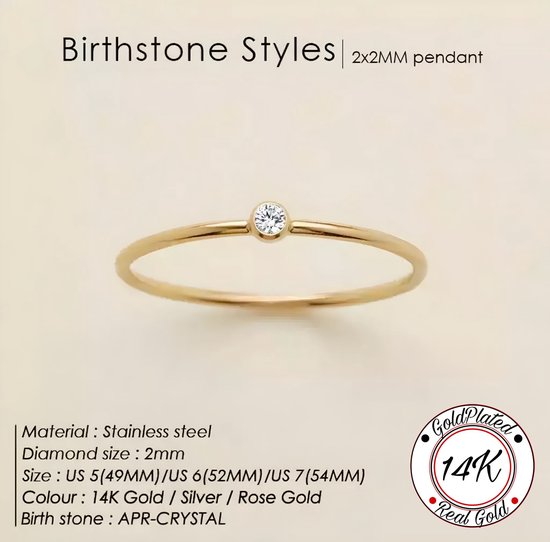 Soraro Birthstone Ring | April |17mm | 14K Goldplated | Goud | Cadeau Voor Haar | Cadeau Voor Vriendin | Verjaardag Cadeau | Moederdag Cadeau | Cadeau Ideeën