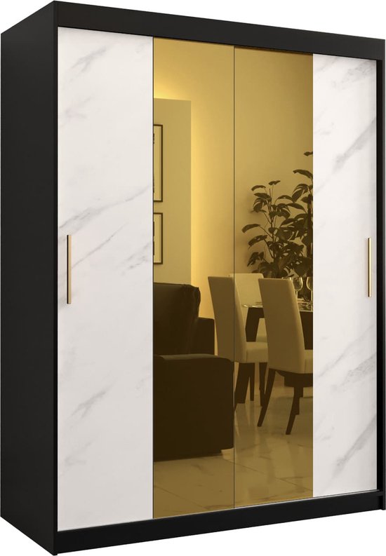 Zweefdeurkast met spiegel Kledingkast met 2 schuifdeuren Garderobekast slaapkamerkast Kledingstang met planken (LxHxP): 150x200x62 cm - Denlo T1 (Zwart + Wit, 150)
