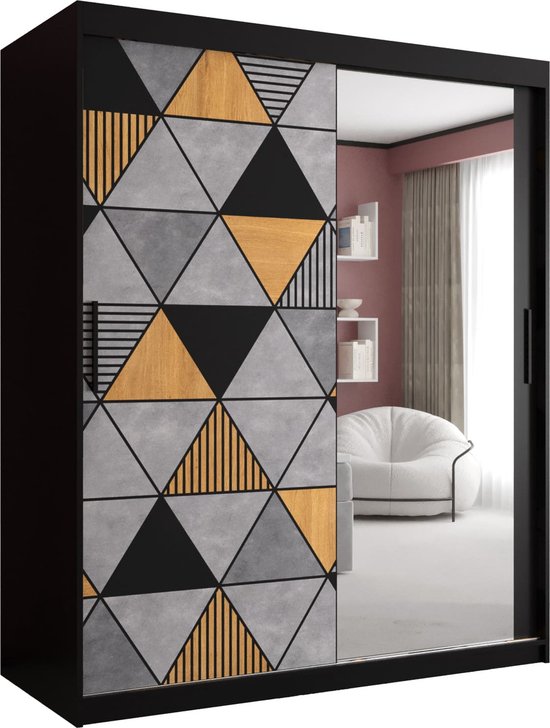Zweefdeurkast met spiegel Kledingkast met 2 schuifdeuren Garderobekast slaapkamerkast Kledingstang met planken (LxHxP): 150x200x60 cm - Gara II (Zwart, 150) met lades