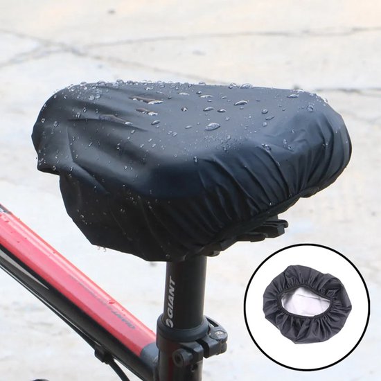 Zwarte, waterdichte hoes met waterdruppels op een fietszadel. Inzet toont de hoes los.