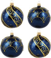 Chique Blauwe Glanzende Kerstballen met Luxe Gouden Decoratie - Doosje van vier kerstballen van 8 cm