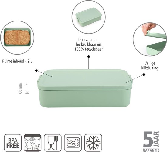 Vue détaillée de la boîte à pain Brabantia vert jade, avec des informations sur la capacité, la durabilité et la fermeture.