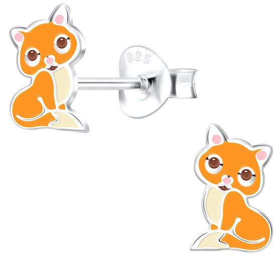 Joy|S - Zilveren kat poes oorbellen - 5 x 8 mm - oranje creme met roze oortjes - kinderoorbellen