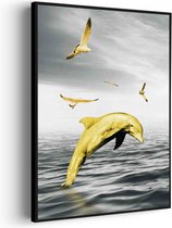 Akoestisch Schilderij Springende Dolfijnen Goud 02 Rechthoek Verticaal Pro XXL (107 X 150 CM) - Akoestisch paneel - Akoestische Panelen - Akoestische wanddecoratie - Akoestisch wandpaneel