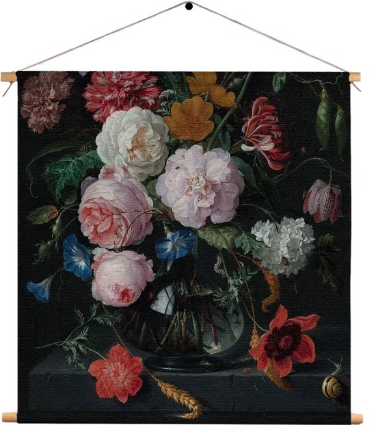 Textielposter Jan Davidsz Bloemen in een glazen vaas 1716 Vierkant XL (60 X 60 CM) - Wandkleed - Wanddoek - Wanddecoratie