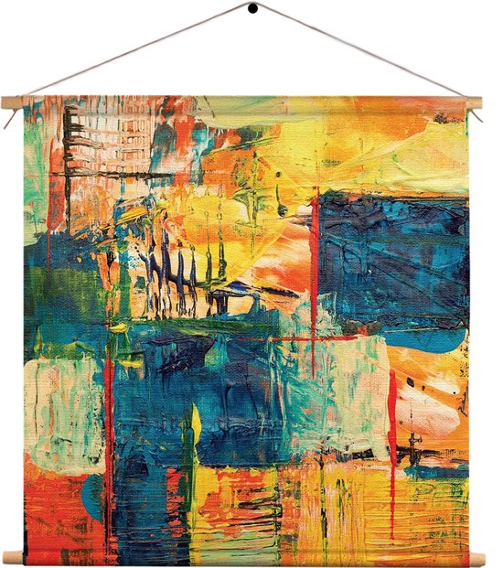 Textielposter Kunst Mondriaan Stijl Kleurrijk Vierkant XL (60 X 60 CM) - Wandkleed - Wanddoek - Wanddecoratie