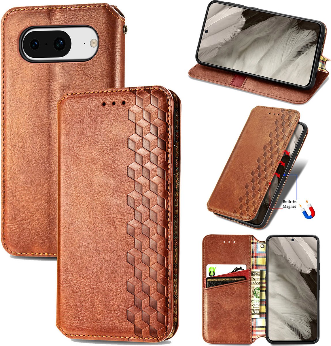 Luxe PU Lederen Ruitpatroon Wallet Case + Glas Screenprotector voor Pixel 8 _ Bruin