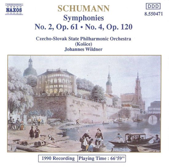 Cd-hoes met Schumann symfonieën nr. 2 en 4, uitgevoerd door het Tsjechisch-Slowaaks Staatsfilharmonisch Orkest (Košice) o.l.v. Johannes Wildner. De hoes toont een historische stadsgezicht met gebouwen, een rivier en mensen.