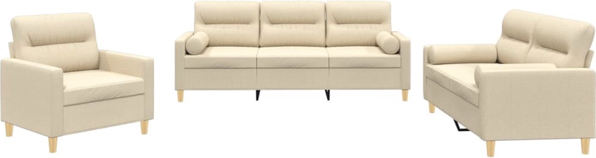 vidaXL - 3-delige - Loungeset - met - kussens - stof - crèmekleurig