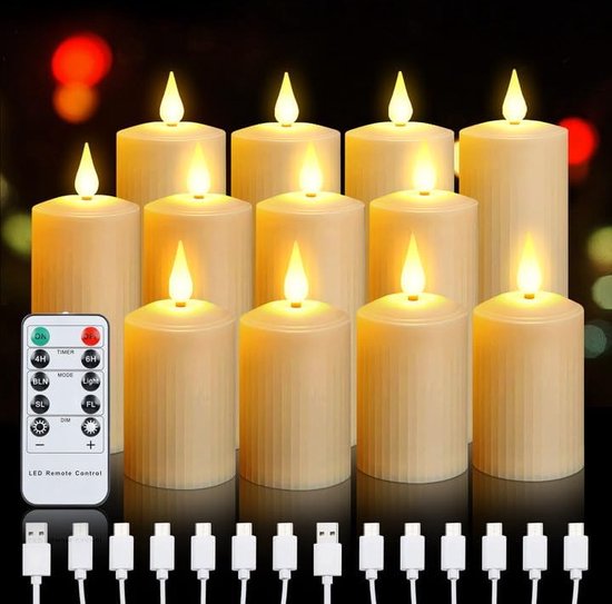 Synergy - Oplaadbare waxinelichtjes - LED Waxinelichtjes - 12 stuks - 3 verschillende hoogtes - Oplaadbaar - Met afstandsbediening - Flikkeren - Oplaadbare kaarsen - Oplaadbare theelichtjes