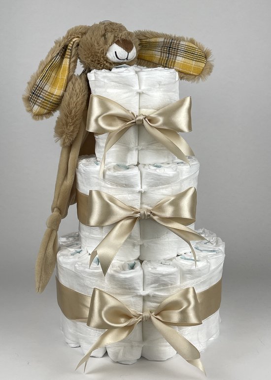 Chouette-Chouette - Luiertaart Neutraal - Kraamcadeau - Geboorte Jongen Meisje - Babyshower - Tuttle Konijn Riley Beige van Chouette-Chouette — afbeelding 2