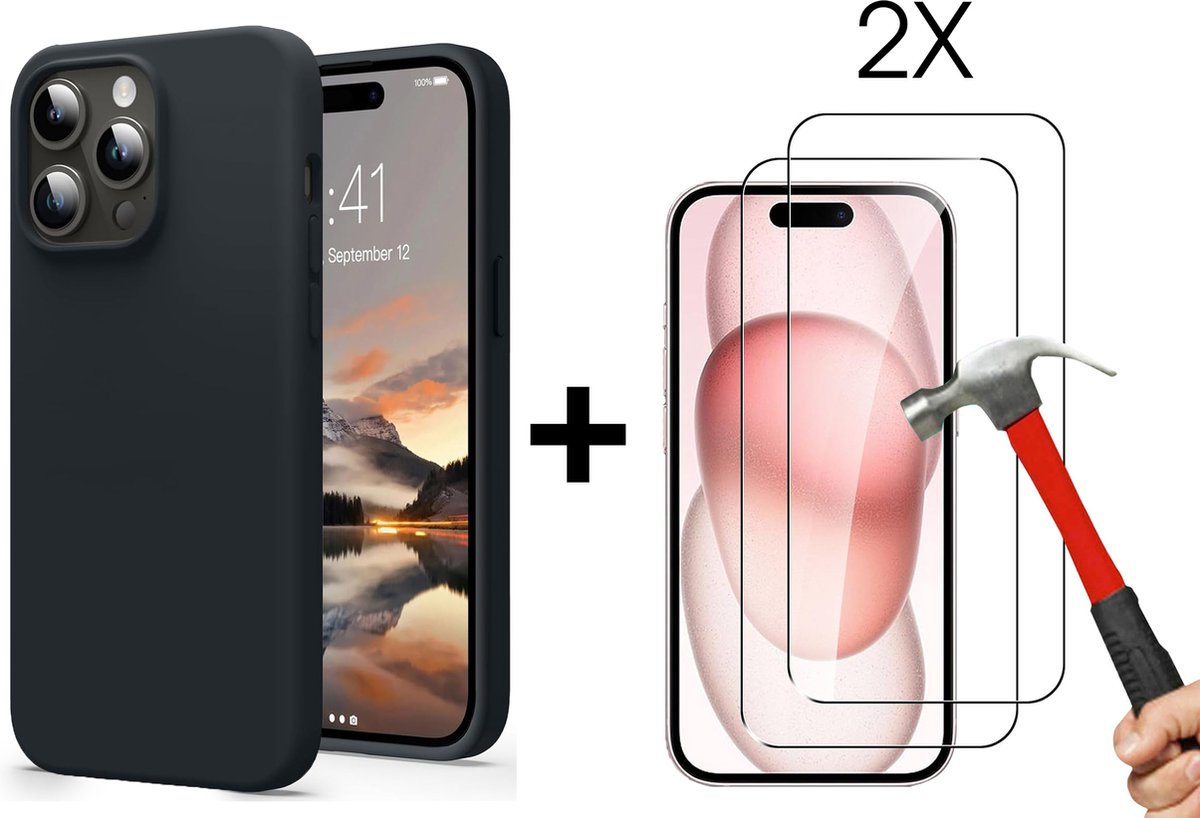 iPhone 15 Pro Zwart Siliconen Hoesje met 2x Tempered Glass Screenprotector - Epicmobile