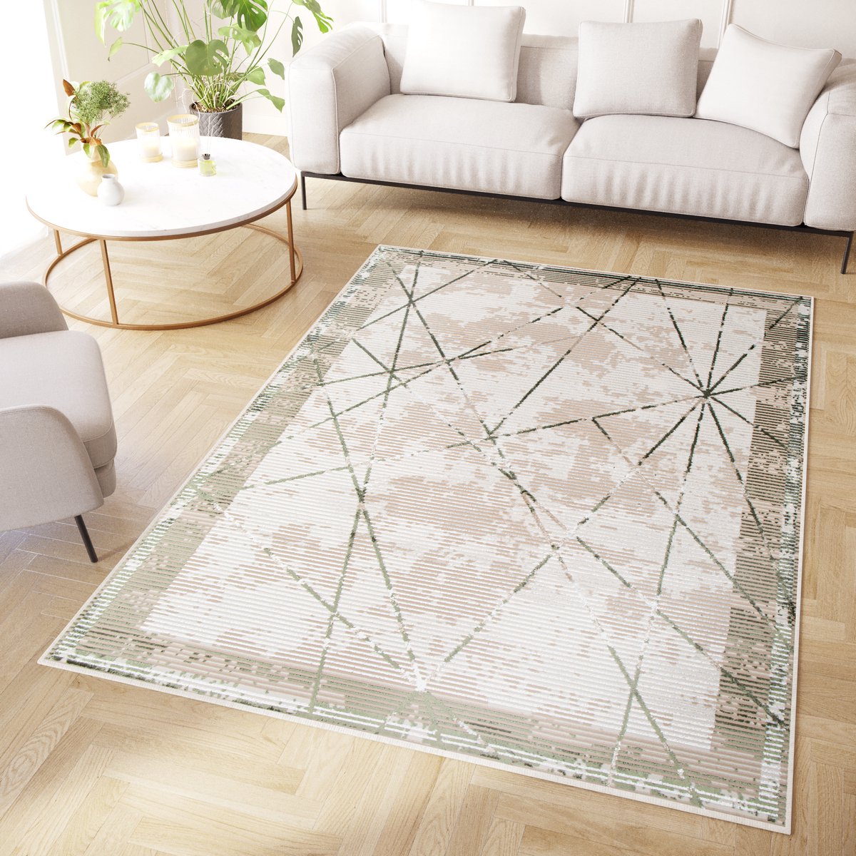 Tapiso Crystal Vloerkleed Groen Beige Laagpolig Lijnen Modern Tapijt Maat- 80x150