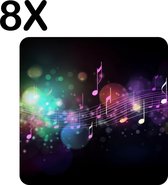 BWK Flexibele Placemat - Kleurrijke Muzieknoten op Zwarte Achtergrond - Set van 8 Placemats - 40x40 cm - PVC Doek - Afneembaar