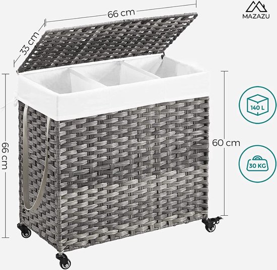 MIRA Home - wasmand met wieltjes - wasopberger - grijs - metaal/katoen - 66x33x60