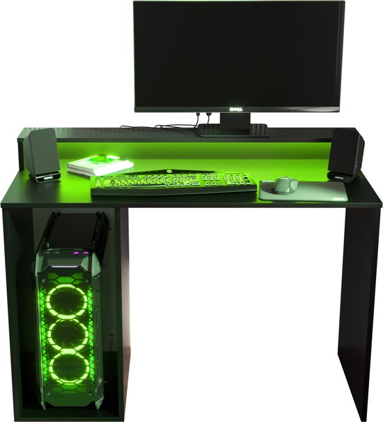 Game Bureau Gaming Desk met LED Verlichting Tafel Computer Bureau - (LxHxP): 50x90x107 cm - SHOT 2 (Zwart + Groene LED)