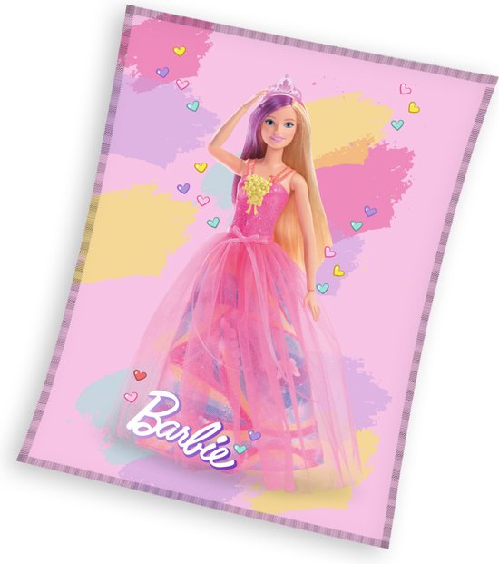 Barbie Fleece deken- 130x170cm- polyester- roze- plaid- extra zacht en warm.