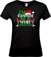 Dames t-shirt Dreaming Of A Wine Christmas | Foute Kersttrui Dames Heren | Kerstcadeau | Kerstpakket | Zwart (Dames) | maat XXL