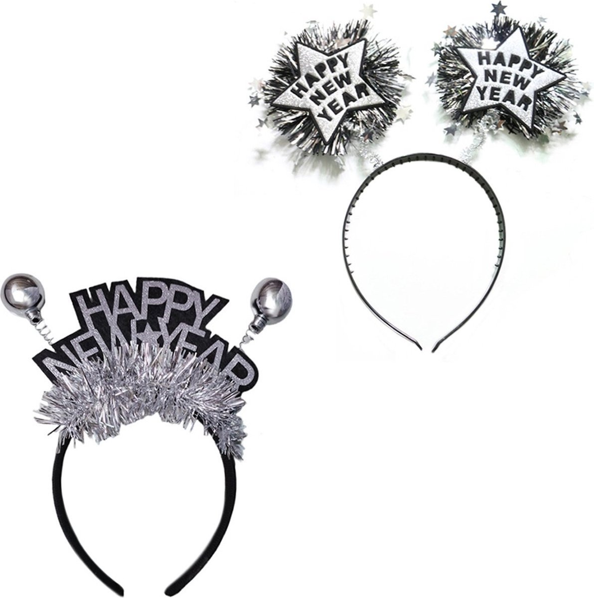 Happy New Year Diadeem Oud en Nieuw Versiering Feesthoedjes Volwassenen Nieuwjaar Decoratie Zilver - 2 Stuks