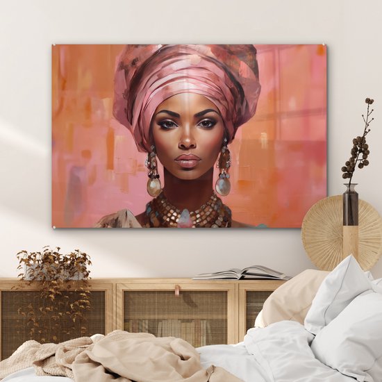 MuchoWow® Peinture sur verre 120x80 cm - Peinture sur verre acrylique - Art - Femme - Rose - Bijoux - Portrait - Photo sur verre - Décoration murale salon - Décoration murale chambre - Peintures