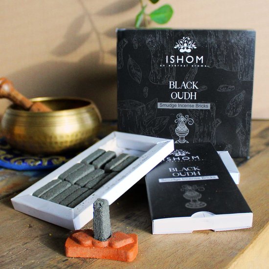 Ishom - Briques d'encens Smudge - Blocs de taches Encens avec brûleur - Black Oudh